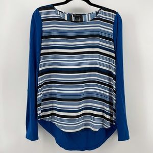 Ann Taylor Blouse Blue Black Stripes Round Hem Long Sleeves S